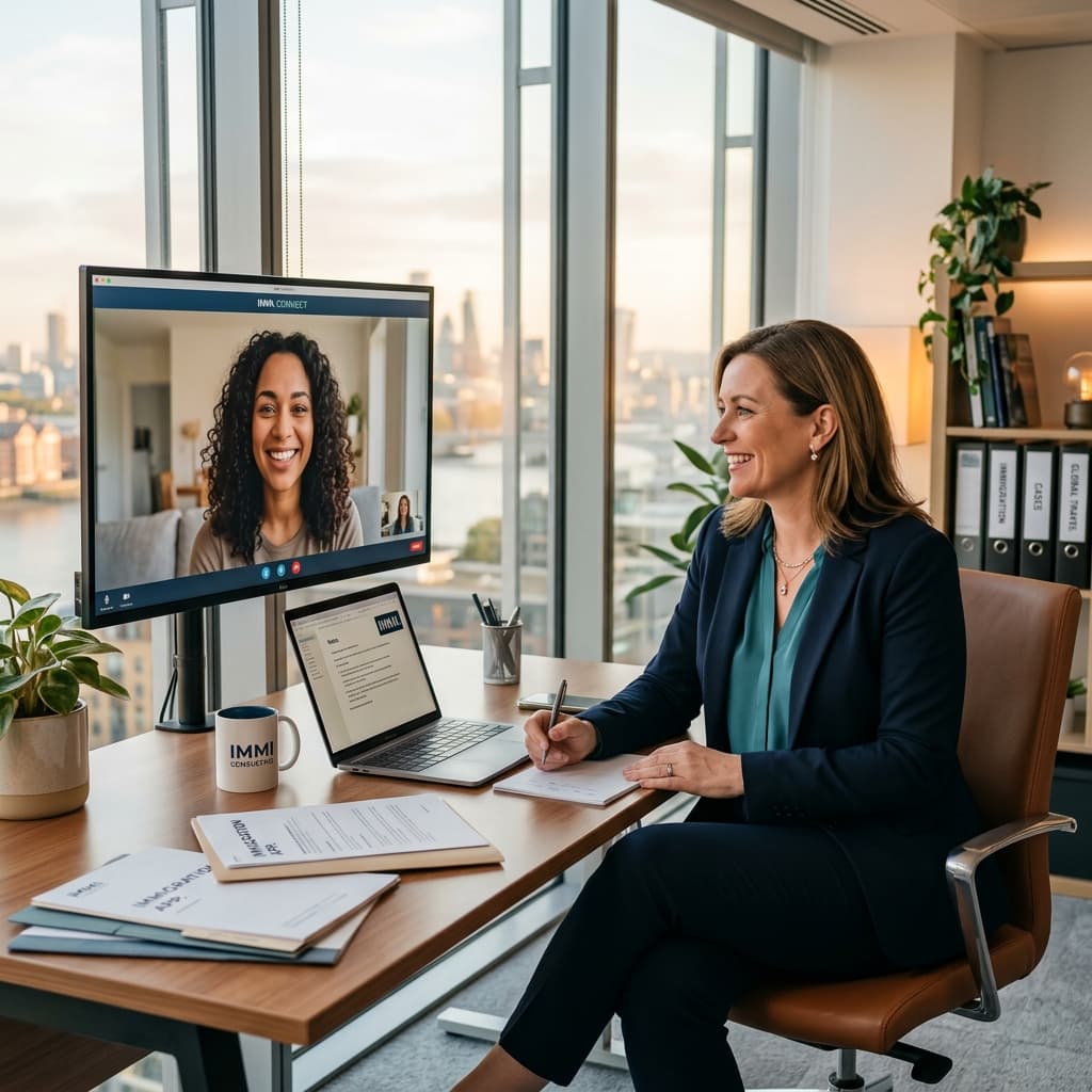 Immigration consultant holding a video consultation with a smiling client