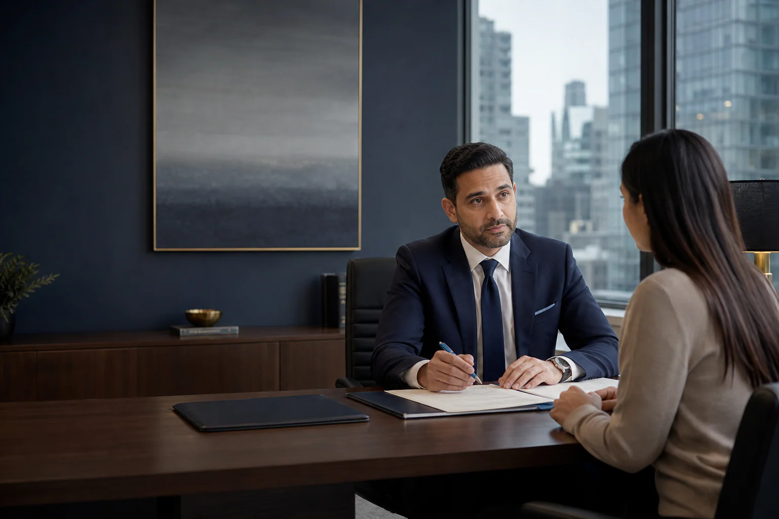 Immigration consultant discussing an application with a client in a Toronto office