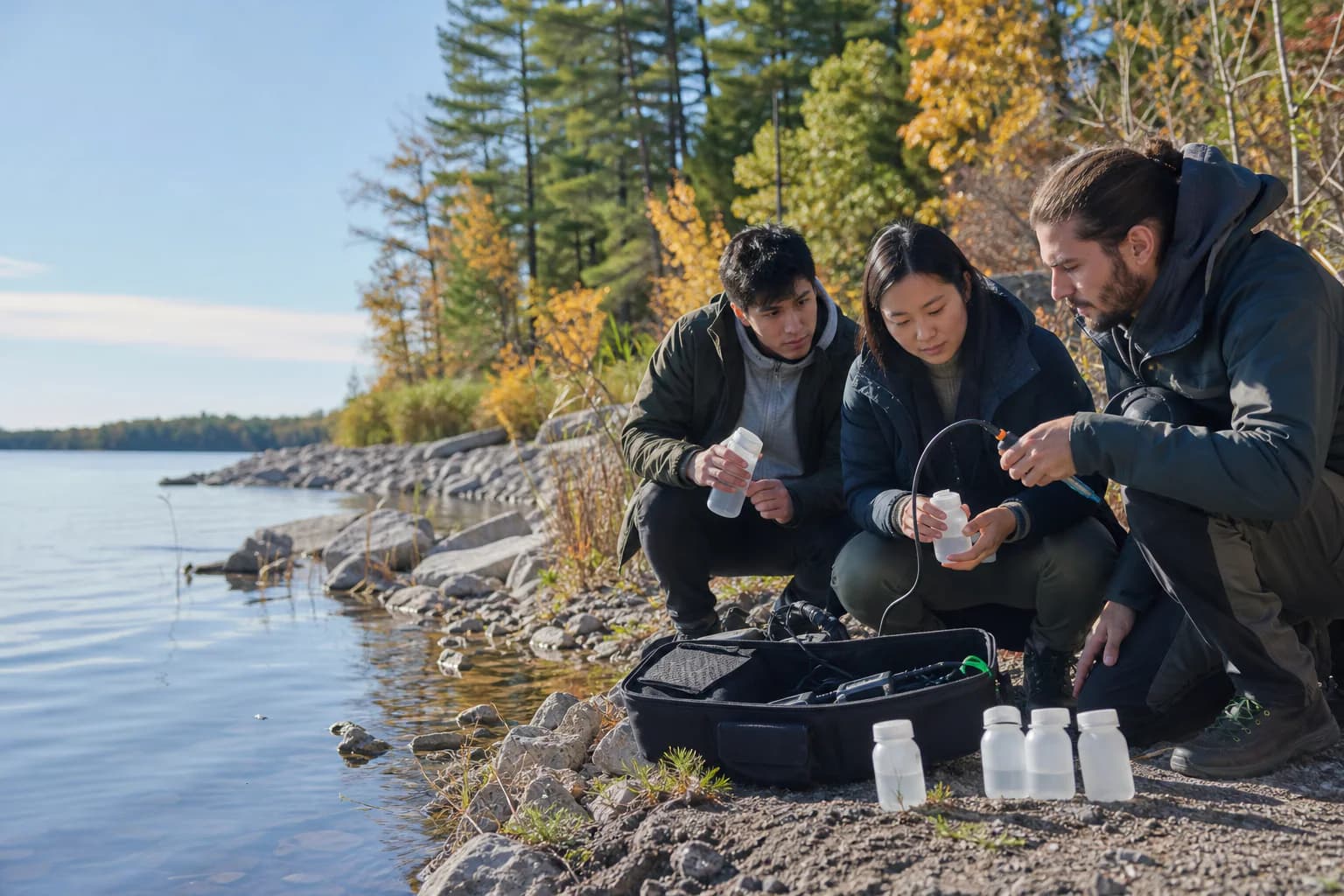 Young international workers conducting water-quality fieldwork in Ontario