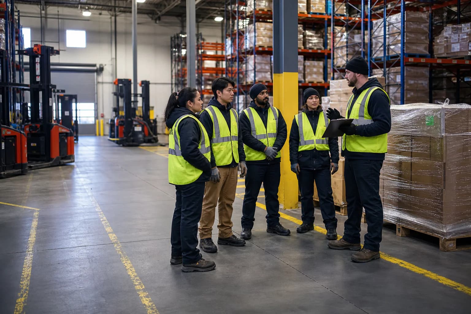 Temporary warehouse team receiving a shift briefing